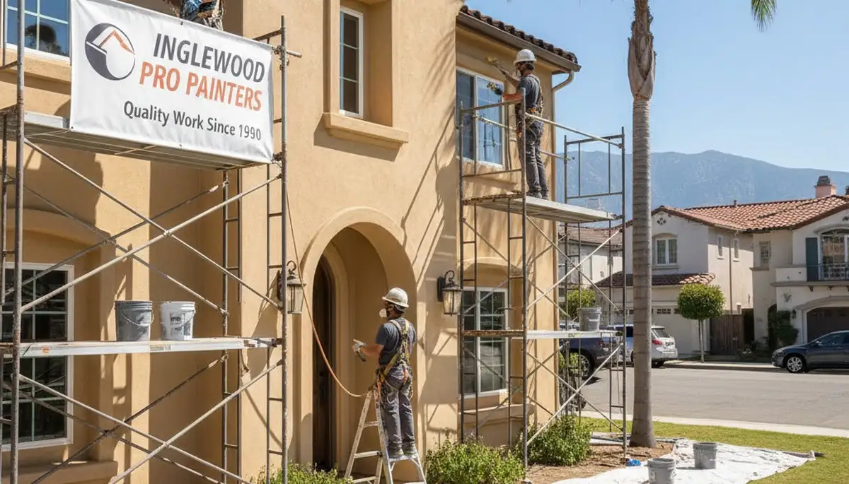 Los Angeles, CA painting company crew preparing a house exterior for professional painting
