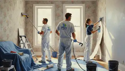 Los Angeles painter removing wallpaper in a home, preparing walls for a new finish